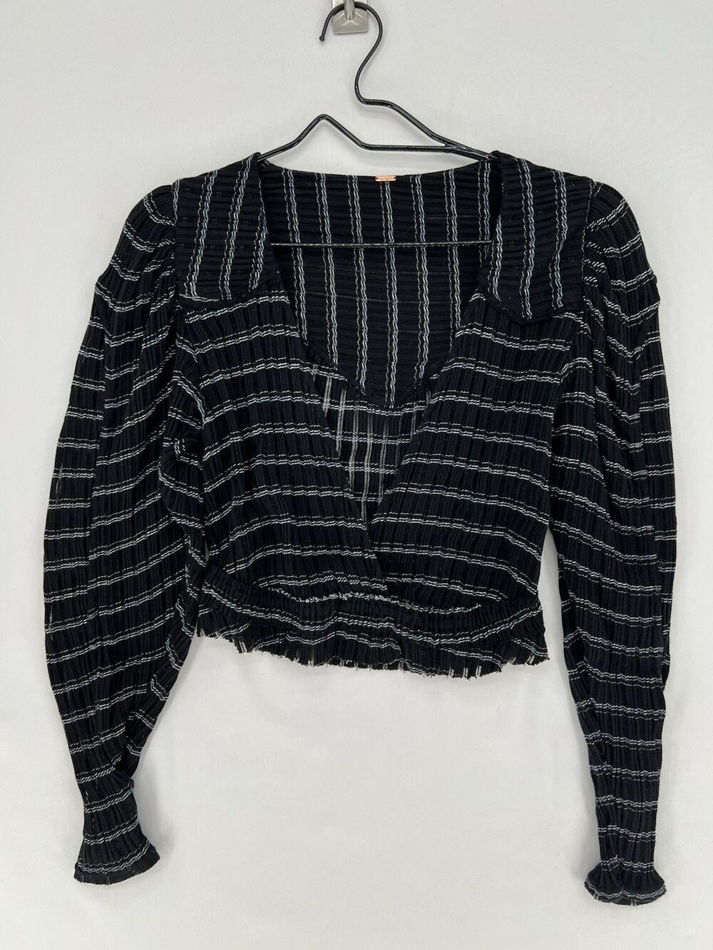 Free People Black Striped Cropped Peasant Top Puff Sleeve Boho Stretch